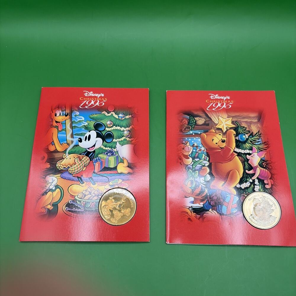 x2 Disney Christmas 1995 Liberty Mint Bronze Coin Collector Card And Token